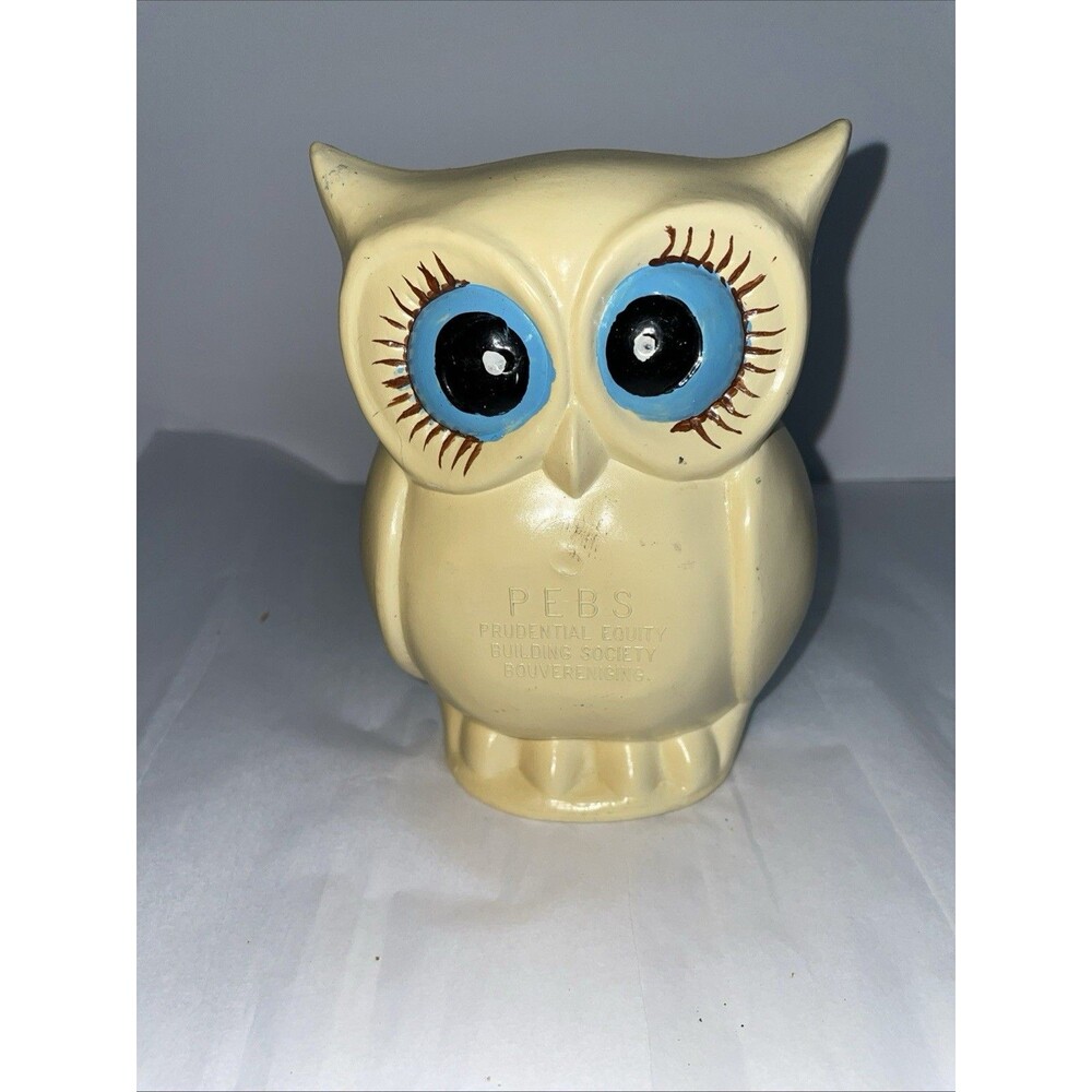 Vtg PEBS Owl Plastic Coin Bank Prudential Equity London England No Stopper 60โs